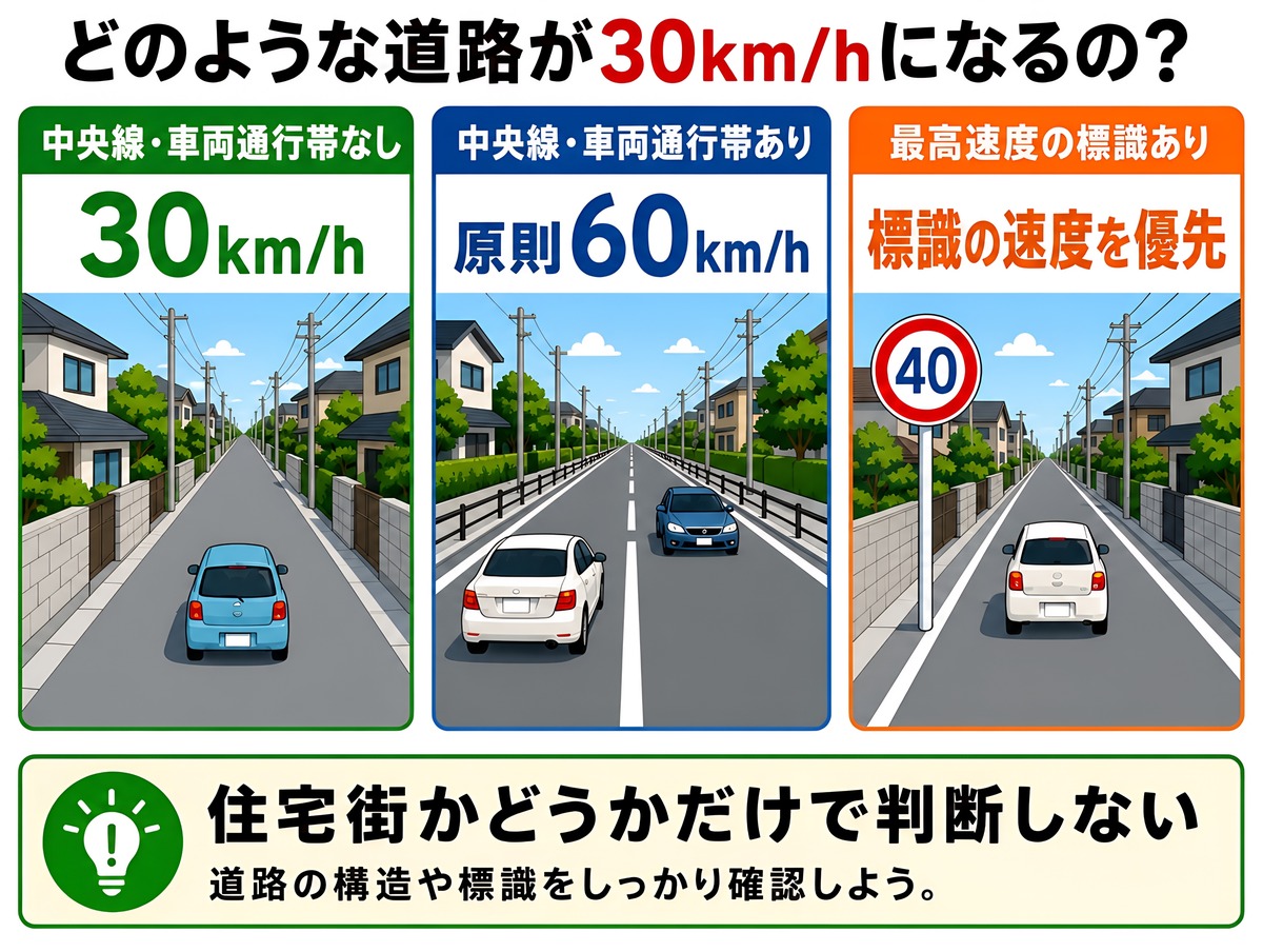30km/hの対象となる道路と対象外となる道路の違い